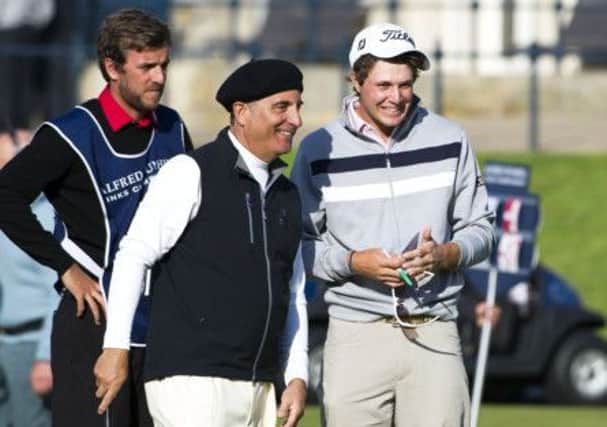 Leader Peter Uihlein with actor Andy Garcia during yesterdays Alfred Dunhill Links. Picture: Kenny Smith/SNS