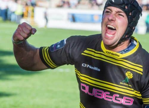 Melrose lock Ross Miller celebrates after the thrilling conclusion to the game against Gala in which his side clung on to win. Picture: Ian Georgeson