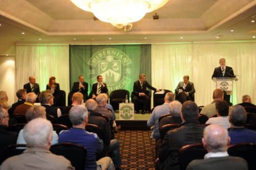Hibernian chairman Rod Petrie, for right, addresses shareholders at last nights annual general meeting at Easter Road. Picture: Greg Macvean