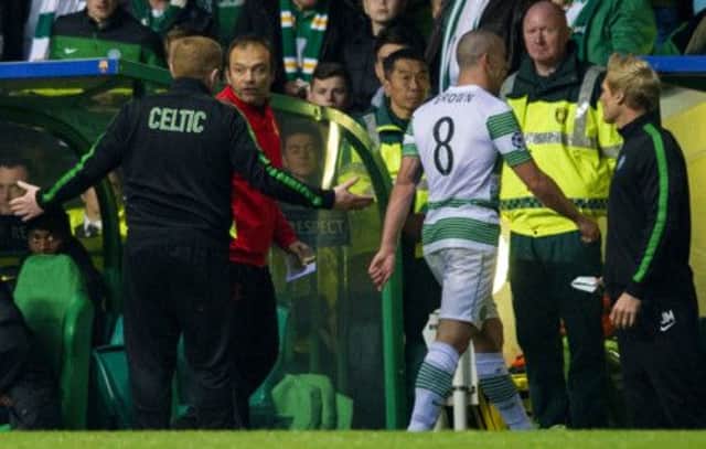 Celtic captain Scott Brown makes his way up the tunnel after being red carded. Picture: SNS