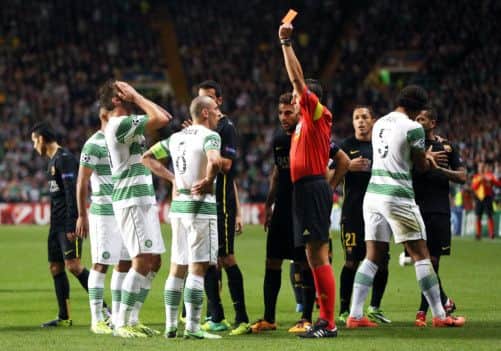Celtic captain Scott Brown's tackle lead to red card. Picture: Getty