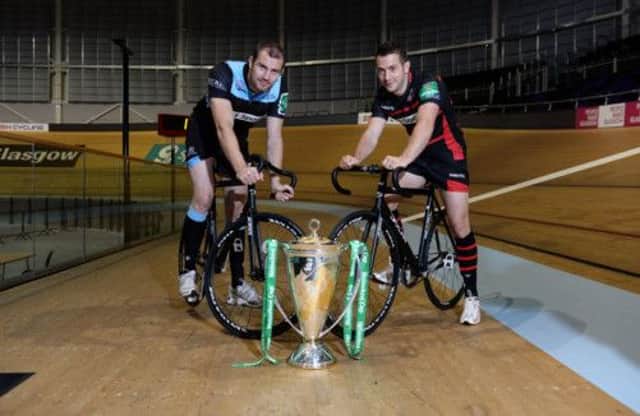 Al Kellock, left, and Greig Laidlaw used the Heineken Cup launch at the Sir Chris Hoy Velodrome to make a strong stance. Picture: SNS
