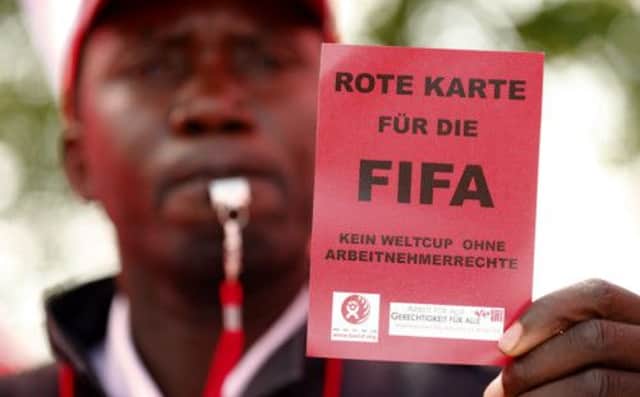 Protesters outside Fifa headquarters demonstrated on labour rights. Picture: Reuters