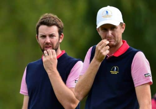 David Lynn and Scott Jamieson ponder a shot during yesterdays fourballs match. Picture: Getty