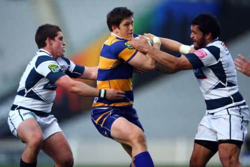 New Edinburgh recruit Sam Beard clings to possession for Bay of Plenty against Auckland during an August cup clash. Picture: Getty