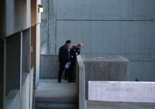 Police inspect a stairwell at San Francisco General Hospital. Picture: Getty