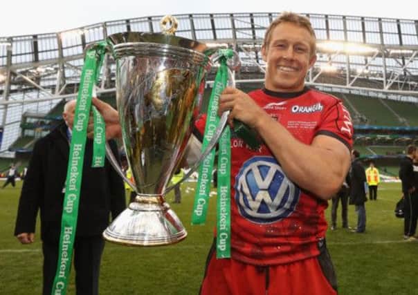 Jonny Wilkinson, the Toulon captain holds the Cup after their victory during the Heineken Cup final match. Picture: Getty