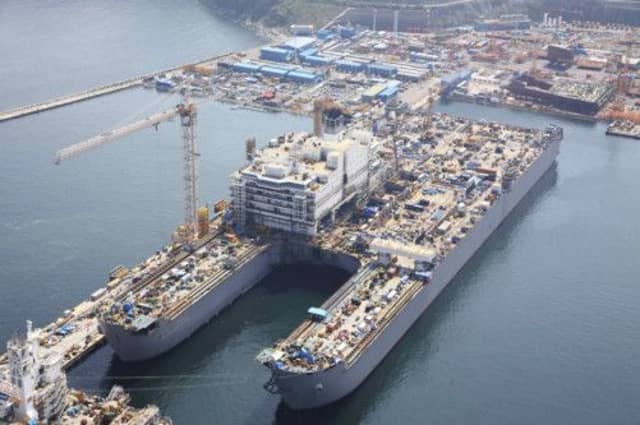 The giant catamaran Pieter Schelte, shown here under construction in Okpo, South Korea, is scheduled to start removing rigs from the North Sea in 2015. Picture: Reuters