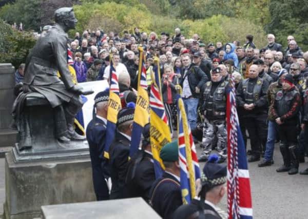 Bikers attend a remembrance service at the American War Memorial in Princes Street Gardens, Edinburgh. Picture: PA