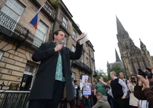 Mark Thomas at a protest outside the Russian consulate during the Edinburgh Fringe. Thomas is furious at being 'blacklisted' by building firms. Picture: Greg Macvean