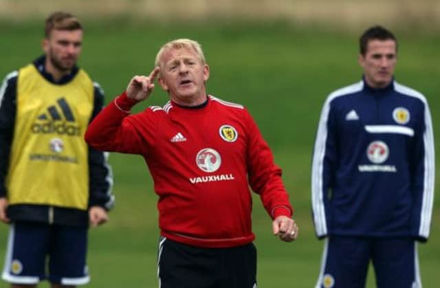 Scotland manager Gordon Strachan makes a point to his players during the training session at Mar Hall, Bishopton. Picture: PA