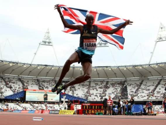 Mo Farah celebrates a victory at the IAAF London Diamond League meeting this year. Picture: PA