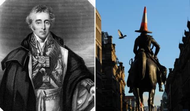 Arthur Wellesley, 1st Duke of Wellington, left, and the unusual statue that commemorates him in Glasgow. Picture: Getty/TSPL
