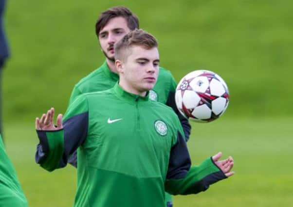 James Forrest, in training at Lennoxtown yesterday, prepares to start his first Champions League Group H match tonight. Picture: SNS