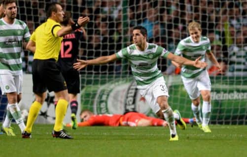 Celtics Israeli midfielder Beram Kayal wheels away to celebrate after his deflected effort went in. Picture: SNS