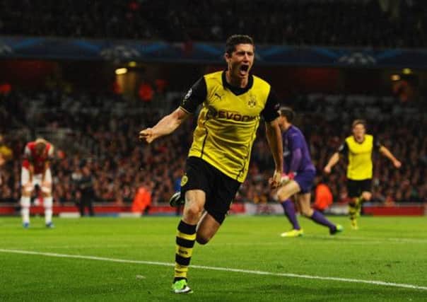 Robert Lewandowski celebrates scoring Dortmund's second goal. Picture: Getty