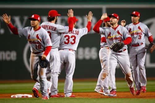 St Louis Cardinals celebrate after defeating Boston Red Sox 4-2 in Game Two. Pitcure: Getty Images