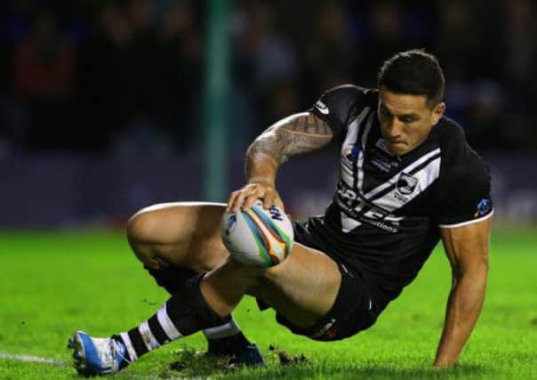 Sonny Bill Williams looses his footing and fails to touch down against Samoa yesterday. Picture: Getty