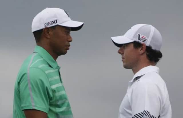 Tiger Woods and Rory McIlroy ahead of their exhibition match at Mission Hills in China. Picture: AP