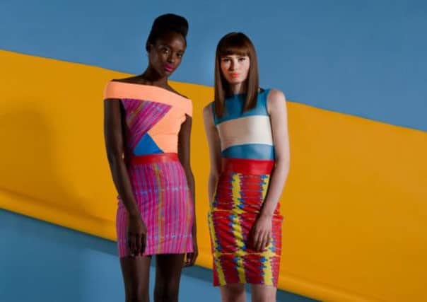 Figure-hugging Dayglo dresses from Rebecca Torres. Picture: Comp