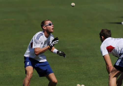 Englands Stuart Broad takes part in catching practice during a training session at the Floreat Oval in Perth. Picture: Greg Wood/AFP