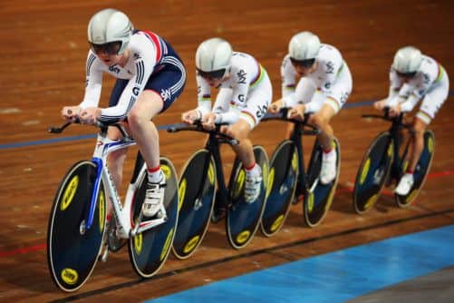 Katie Archibald leads Laura Trott, Dani King and Elinor Barker during the European Womens Team Pursuit final. Picture: Getty
