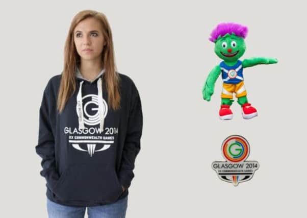 Glasgow 2014 Commonwealth Games merchandise, including a unisex hoodie, a Clyde soft toy and a lapel pin