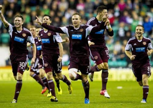 Hearts striker Ryan stevenson (centre) celebrates his goal. Picture: SNS