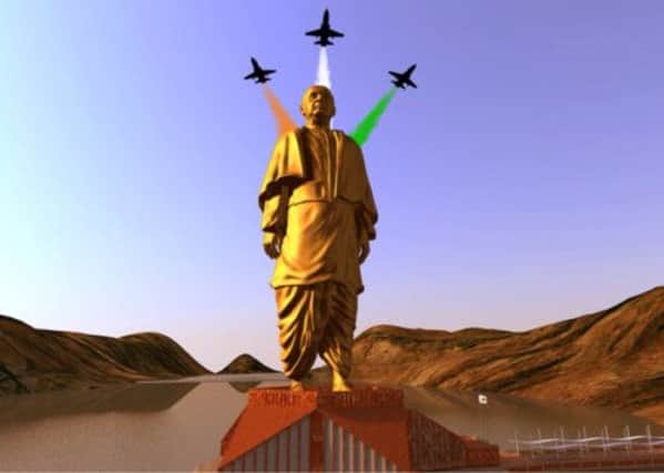 An artists impression of the statue of Sardar Vallabhbhai Patel, which will be twice the height of the Statue of Liberty. Picture: Reuters