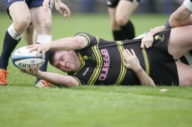 Nick Beavon scores a try for Melrose against Heriots last week but he will be looking for a better result against Ayr today. Picture: Toby Williams