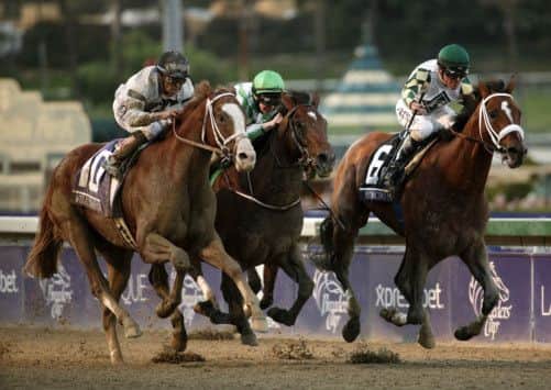 Jockey Gary Stevens, right, rides Mucho Macho Man to victory. Picture: AP