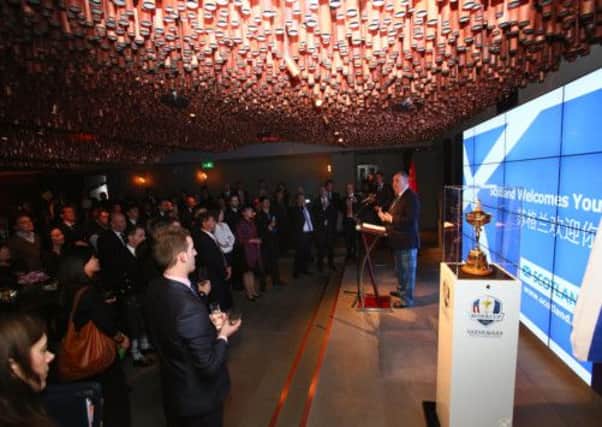 First Minister Alex Salmond unveils the Ryder Cup at the Johnnie Walker House in Beijing to promote The 2014 Ryder Cup to China. Picture: Comp