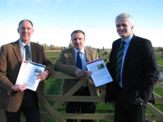 Jim McLaren, chairman of Quality Meat Scotland, at the launch of the new Planning for Profit initiative flanked by Iain Riddell, left, of SAC Consulting, and Jim Booth of SAOS. Picture: Contributed
