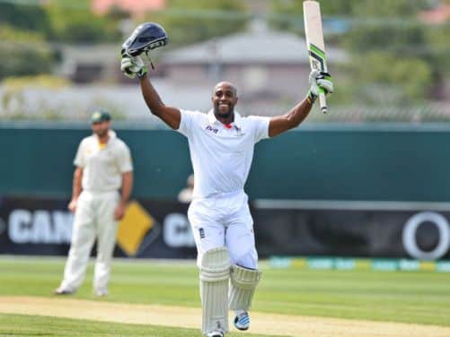 England batsman Michael Carberry celebrates scoring his century against Australia A . Picture: AFP/Getty Images