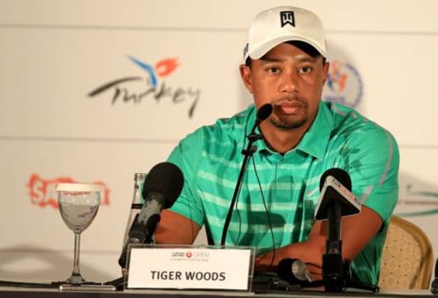 Tiger Woods speaking this morning ahead of the Turkish Airlines Open. Picture: Getty Images