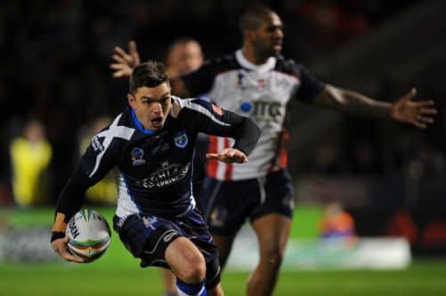 Scotland captain Danny Brough drives for the line during last nights World Cup clash with USA at Salford City Stadium. Picture: PA