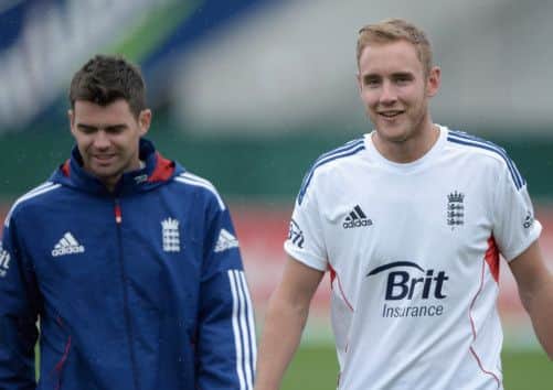 James Anderson and Stuart Broad of England run round the outfield as rain wipes out Day 3 of Australia A v England. Picture: Getty Images