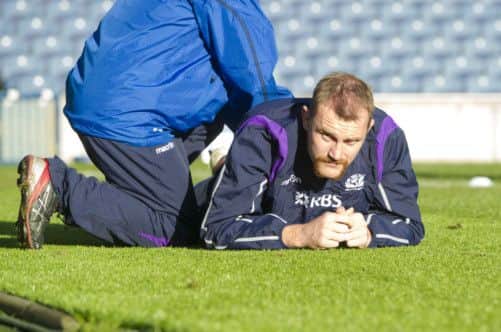 Scotlands Alastair Kellock undergoes some fine tuning at Murrayfield yesterday. Picture: SNS