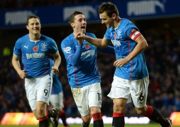 Lee McCulloch (right) celebrates his goal with Rangers team mate Nicky Clark. Picture: SNS