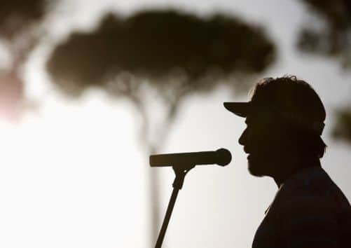 Victor Dubuisson makes his winners speech during the trophy presentation ceremony. Picture:Getty