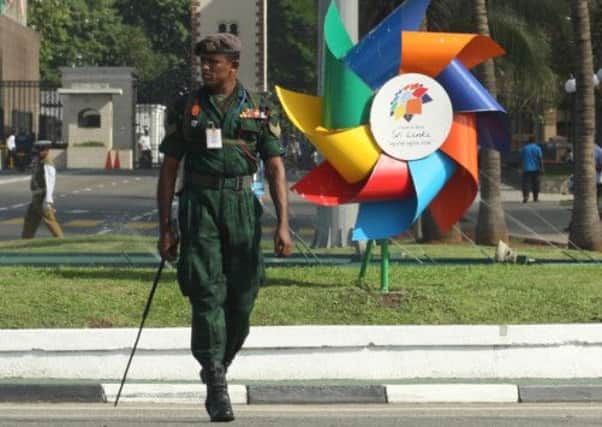 A Sri Lankan army officer patrols in Colombo ahead of this weeks Commonwealth Heads of Government Meeting. Picture: Getty