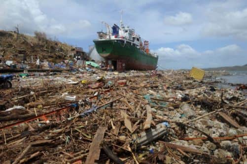 A ship swept inland at the height of the typhoon. Picture: AFP/Getty