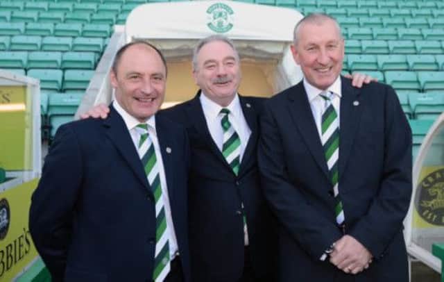 Hibernian chairman Rod Petrie welcomed Terry Butcher, right, and assistant, Maurice Malpas, to the club. Picture: Neil Hanna