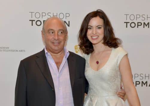 Sir Philip Green, pictured with Rolling Stone Ronnie Woods wife Sally Humphrey at a Bafta event in Los Angeles. Picture: Getty Images