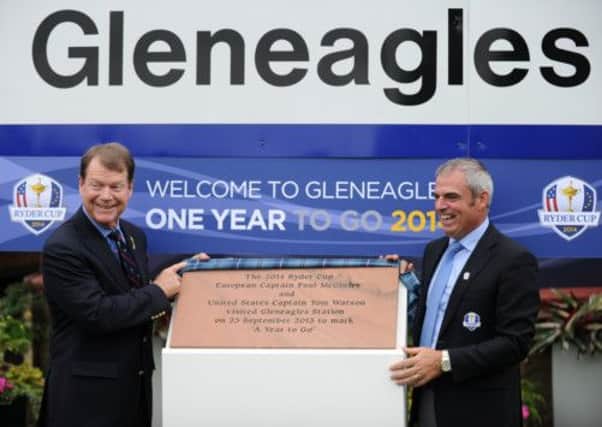 Ryder Cup captains Paul McGinley and Tom Watson unveil a commemorative plaque at Gleneagles station. Picture: Jane Barlow