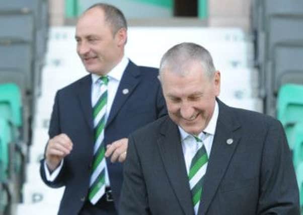 Terry Butcher, front, and his assistant Maurice Malpas are revelling in their new jobs at Hibs. Picture: Neil Hanna