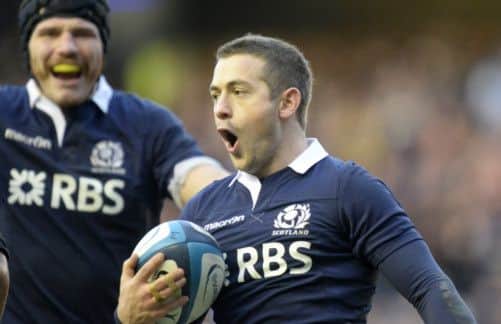 Greig Laidlaw celebrates his try in last weeks victory over Japan. Picture: SNS