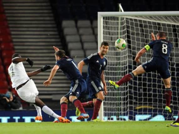 Jozy Altidore blazes a shot over the Scotland crossbar. Picture: Ian Rutherford