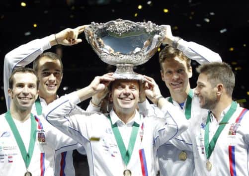 Left to right, Radek Stepanek, Lukas Rosol, Vladimir Safarik, Tomas Berdych and Jan Hayek of Czech Republic celebrate. Picture: Getty