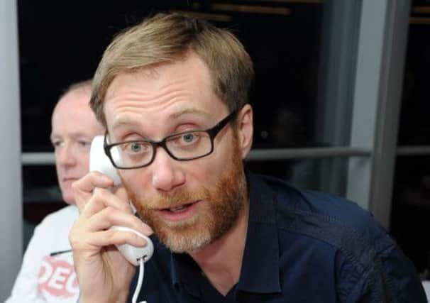 Comedian and actor Stephen Merchant was among the celebrities manning the DEC phone lines this evening. Pictures: Getty/PA